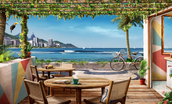 Kafe dengan suasana Pantai Eropa, gaya santai dengan palet warna pantai yang cerah